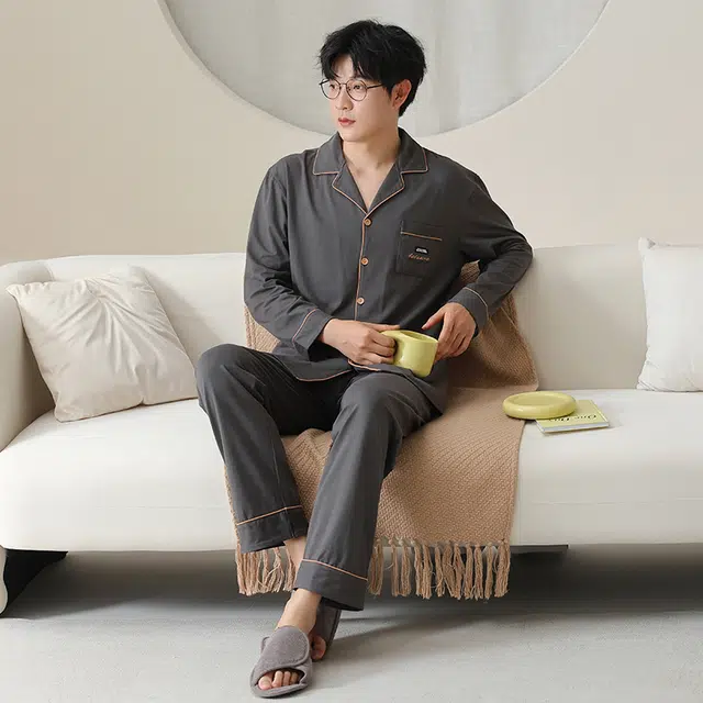 俏佳人 拉架棉开衫简约基础宽松慵懒风舒适透气亲肤可外穿家居服睡衣套装 男款