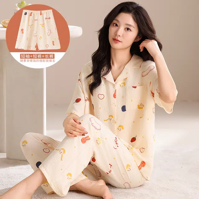 俏佳人 韩版三件套舒适开衫透气亲肤短袖家居服睡衣套装 女款