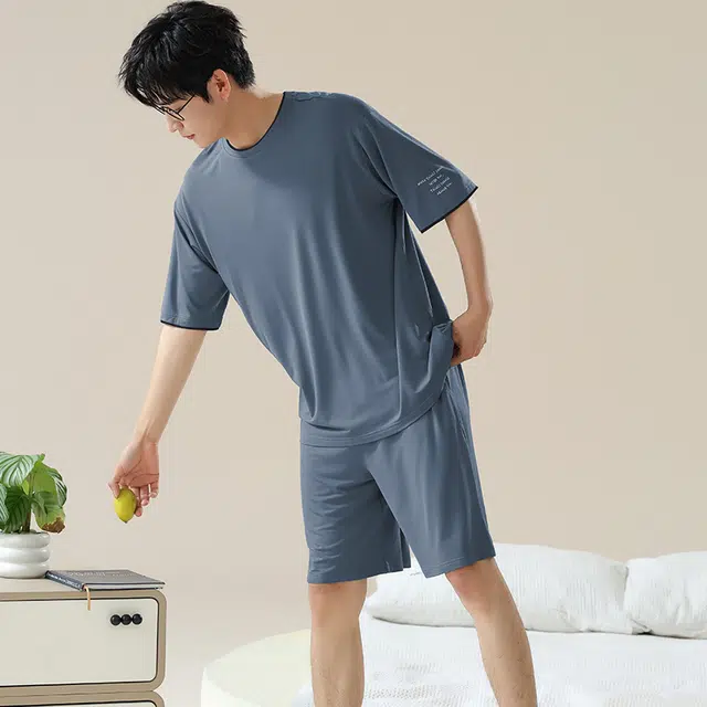 俏佳人 垂感柔软亲肤基础休闲短袖透气慵懒家居服睡衣套装 男款