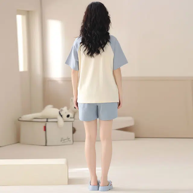 俏佳人 可外穿纯棉套头舒适透气慵懒休闲圆领短袖家居服睡衣套装 女款