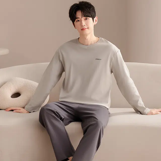 俏佳人 纯棉圆领套头纯色基础休闲宽松柔软舒适可外穿长袖长裤家居服睡衣套装 男款