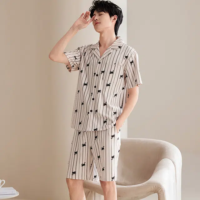 俏佳人 纯棉开衫翻领休闲舒适短袖可外穿家居服睡衣套装 男款 米白条纹