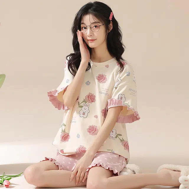 俏佳人 甜美韩版柔软亲肤休闲可外穿短袖慵懒家居服睡衣套装 女款