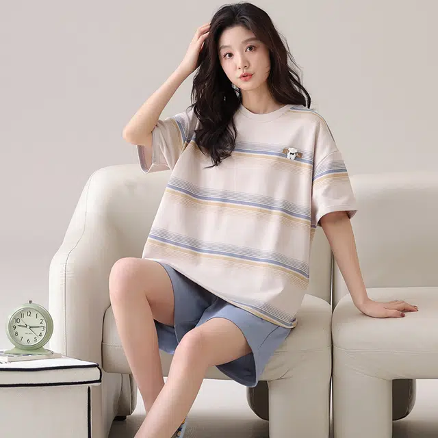 俏佳人 透气套头舒适休闲纯棉慵懒短袖家居服柔软亲肤睡衣套装 女款