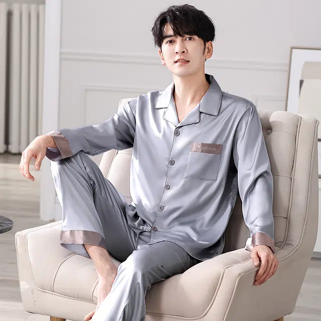 俏佳人 丝滑冰丝高级感翻领开衫纯色简约休闲亲肤舒适透气长袖长裤家居服睡衣套装 男款