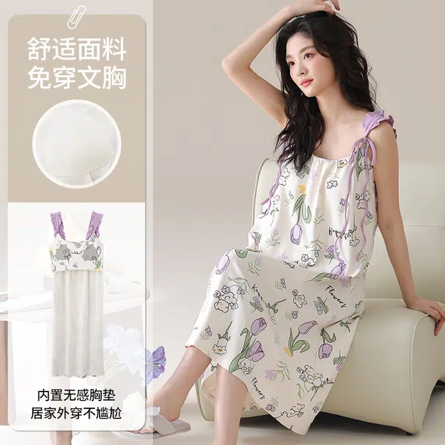 俏佳人 休闲带胸垫基础纯棉舒适透气可外穿吊带家居服无袖睡裙 女款