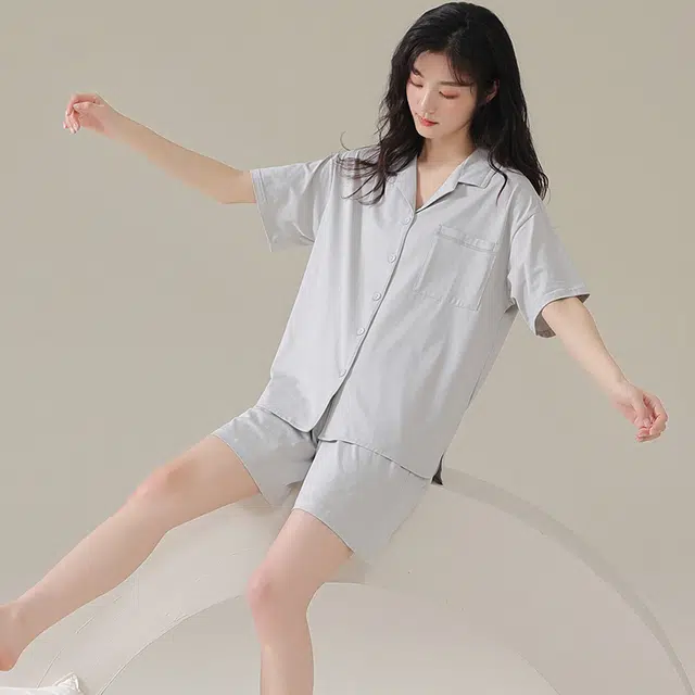 俏佳人 基础纯色柔软亲肤休闲开衫慵懒短袖家居服睡衣套装 女款