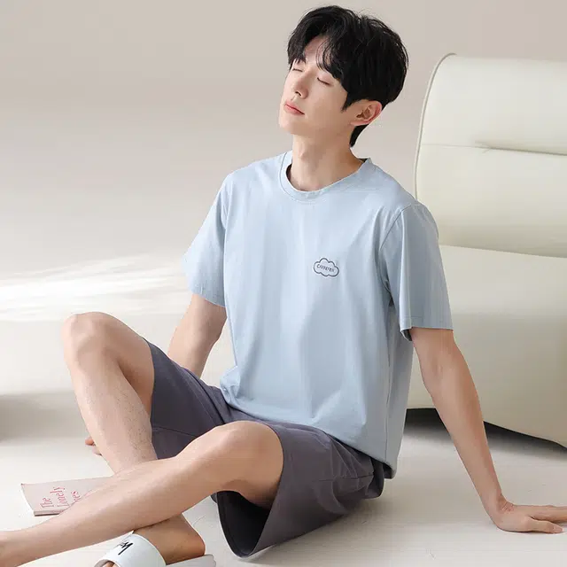 俏佳人 纯棉基础休闲舒适透气慵懒短袖家居服睡衣套装 男款