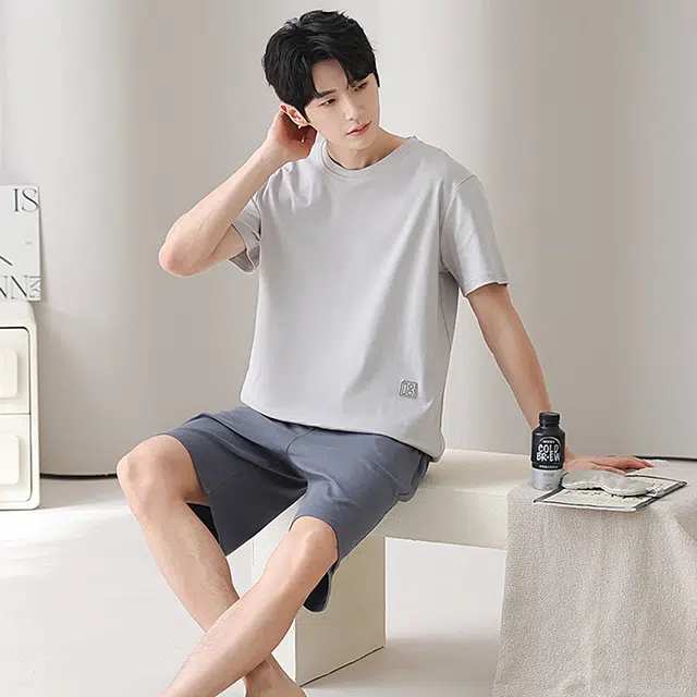 俏佳人 纯棉舒适透气基础纯色短袖休闲慵懒家居服睡衣套装 男款