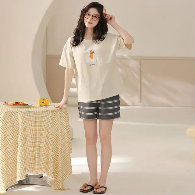 俏佳人 纯棉套头舒适透气慵懒休闲可外穿家居服圆领短袖睡衣套装 女款