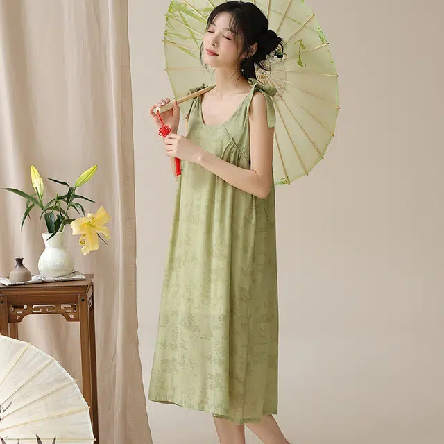 俏佳人 新中式国风水墨吊带蝴蝶结宽松透气舒适家居服无袖睡裙 女款