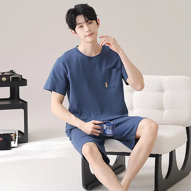 俏佳人 纯棉舒适透气基础短袖家居服休闲慵懒睡衣套装 男款