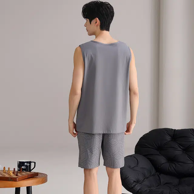 俏佳人 纯棉透气简约套头舒适休闲慵懒风可外穿背心家居服睡衣套装 男款