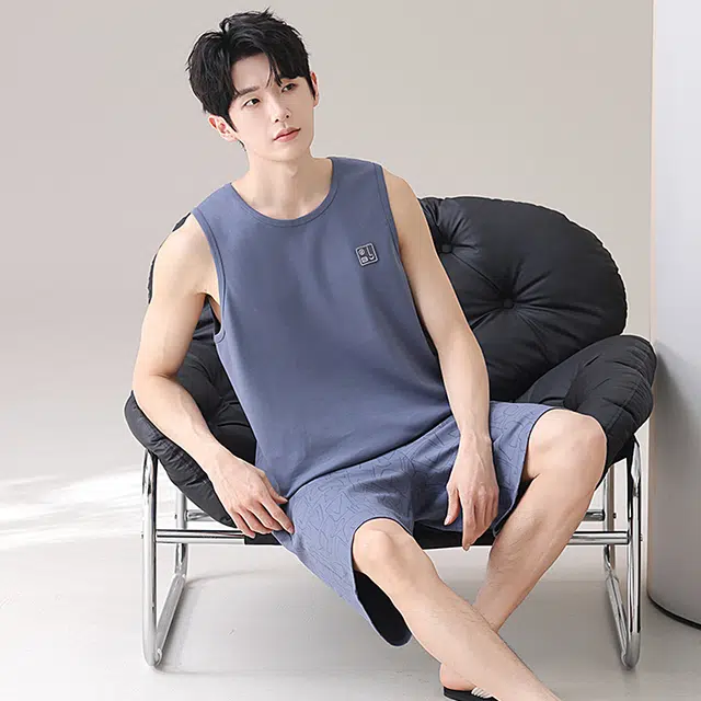 俏佳人 纯棉舒适透气休闲背心家居服睡衣套装 男款