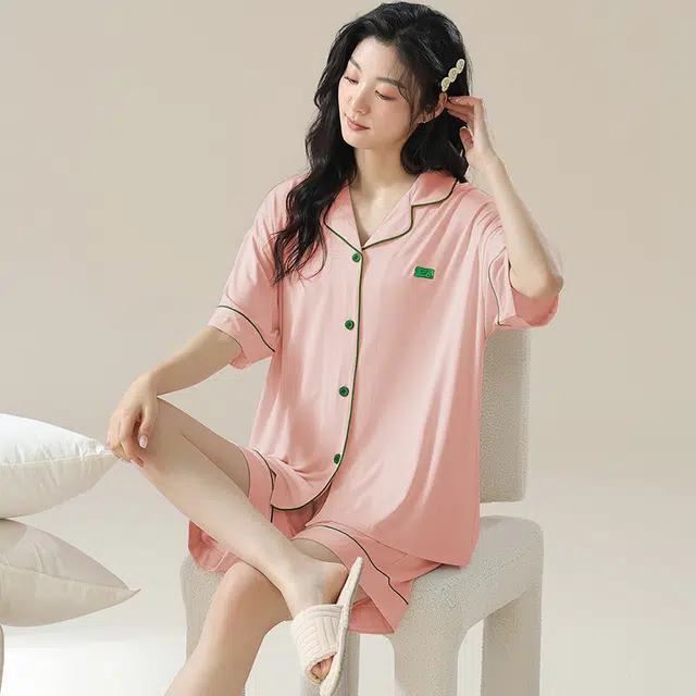 俏佳人 亲肤柔软基础休闲开衫慵懒宽松短袖短裤家居服睡衣套装 女款