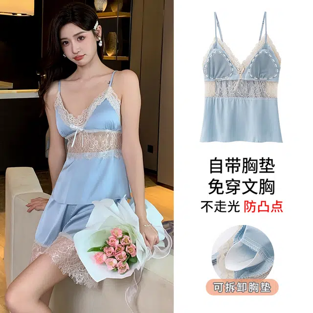 俏佳人 性感带胸垫无袖吊带镂空蕾丝凉感透气亲肤纯色家居服睡衣套装 女款