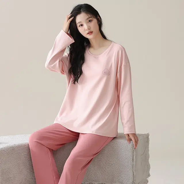 俏佳人 纯棉基础圆领套头纯色休闲宽松舒适亲肤透气长袖长裤可外穿家居服睡衣套装 女款