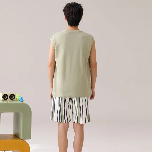 俏佳人 舒适透气套头纯棉休闲慵懒背心家居服柔软亲肤睡衣套装 男款