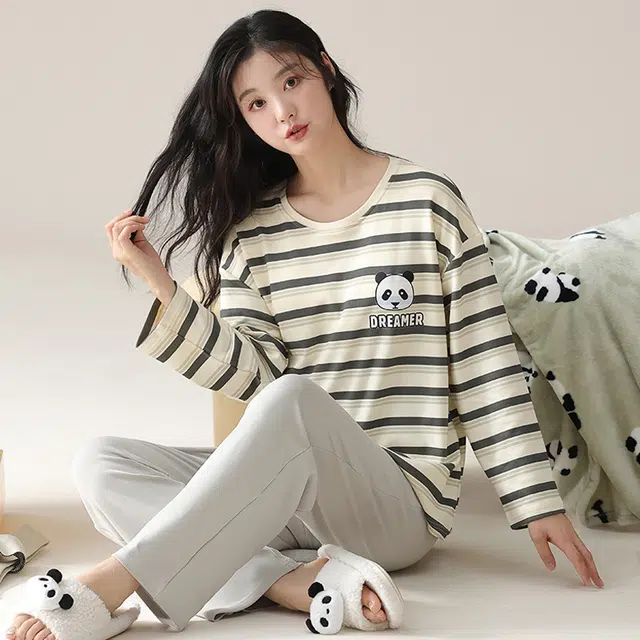 俏佳人 纯棉圆领套头条纹熊猫休闲宽松舒适亲肤透气长袖长裤可外穿家居服睡衣套装 女款