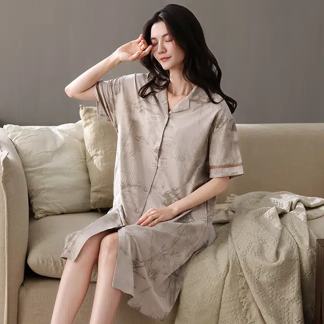 俏佳人 柔软亲肤纯棉透气基础翻领休闲短袖慵懒家居服睡裙 女款