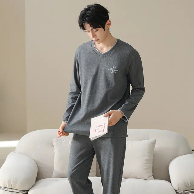 俏佳人 纯棉套头圆领休闲宽松可外穿纯色家居服字母柔软亲肤舒适透气长袖长裤睡衣套装 男款