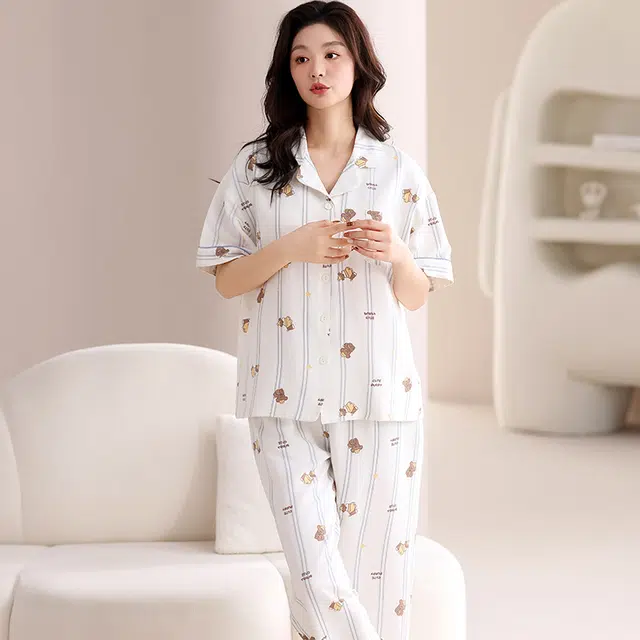 俏佳人 带胸垫条纹卡通印花三件套舒适开衫透气亲肤短袖家居服睡衣套装 女款