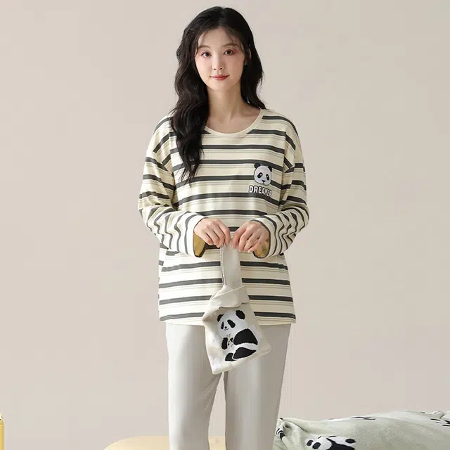 俏佳人 纯棉圆领套头条纹熊猫休闲宽松舒适亲肤透气长袖长裤可外穿家居服睡衣套装 女款