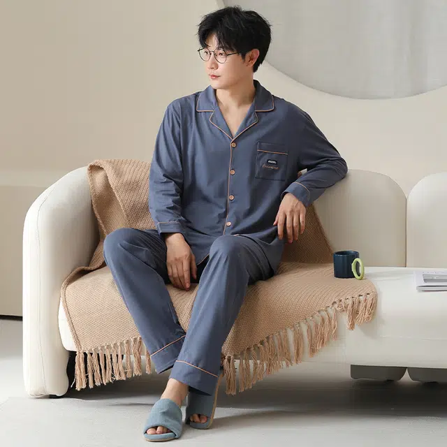 俏佳人 柔软拉架棉开衫简约基础宽松慵懒风舒适透气亲肤可外穿家居服睡衣套装 男款