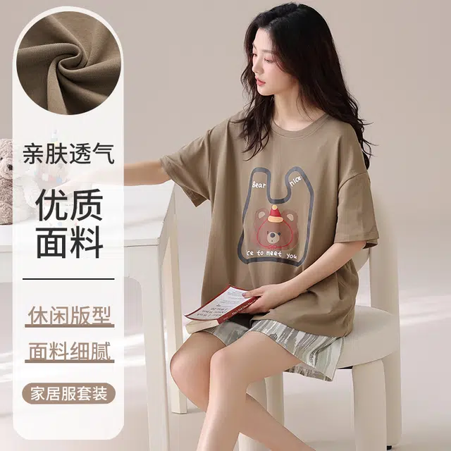 俏佳人 纯棉套头舒适透气休闲慵懒短袖家居服柔软亲肤睡衣套装 女款