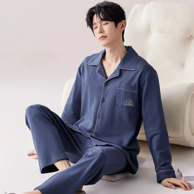 俏佳人 翻领开衫简约时尚纯色家居服舒适透气长袖长裤睡衣套装 男款 宝石蓝