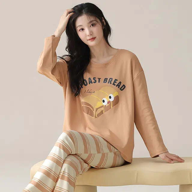俏佳人 纯棉圆领套头条纹字母休闲宽松舒适亲肤透气长袖长裤可外穿家居服睡衣套装 女款