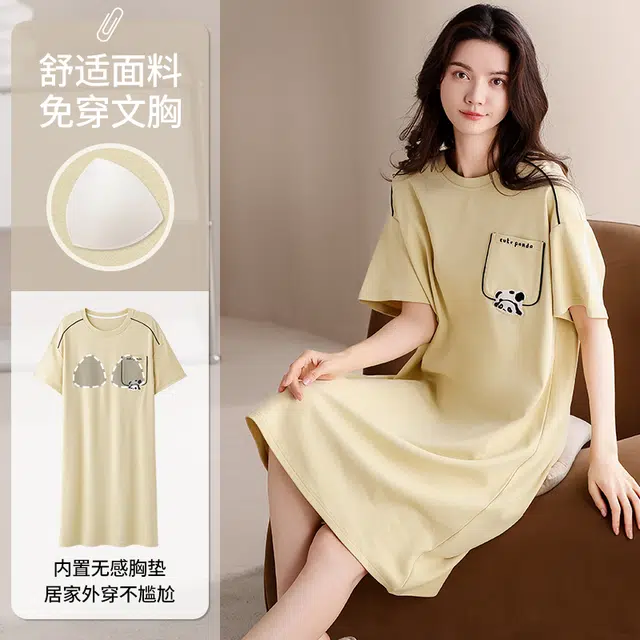俏佳人 公主风带胸垫纯棉休闲柔软舒适透气可外穿短袖家居服睡裙 女款