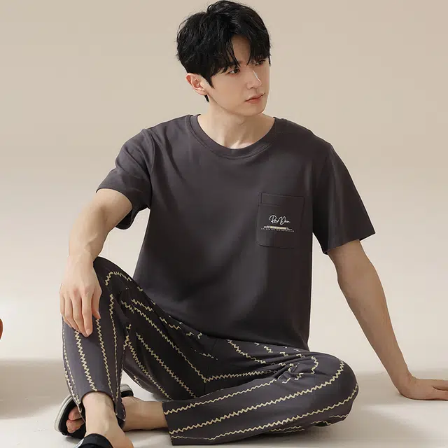 俏佳人 韩版简约柔软亲肤基础休闲短袖长裤慵懒家居服睡衣套装 男款