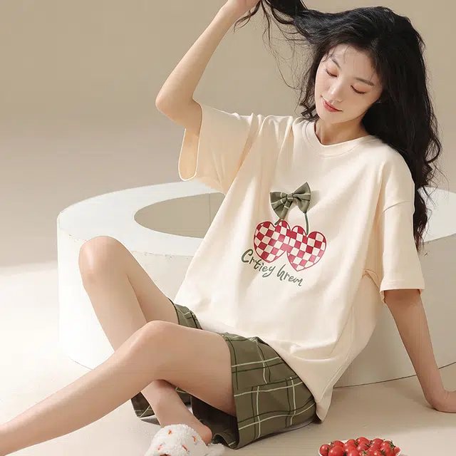 俏佳人 休闲可外穿套头柔软亲肤短袖短裤慵懒宽松家居服睡衣套装 女款