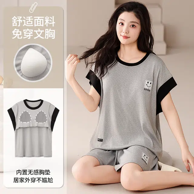 俏佳人 带胸垫套头休闲舒适运动风可外穿短袖透气家居服垂感亲肤睡衣套装 女款