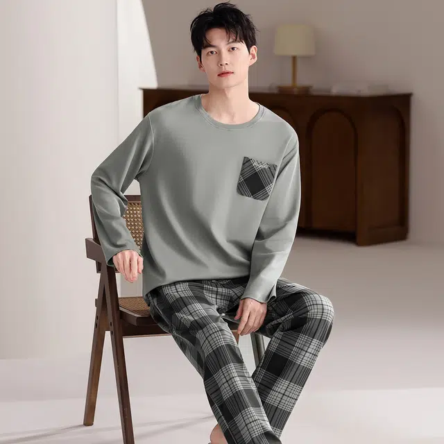 俏佳人 纯棉简约纯色圆领套头复古格子可外穿家居服舒适亲肤透气长袖长裤睡衣套装 男款