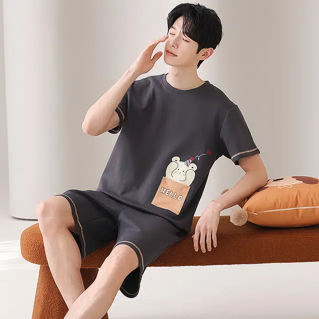 俏佳人 短袖纯棉舒适休闲慵懒透气家居服睡衣套装 男款