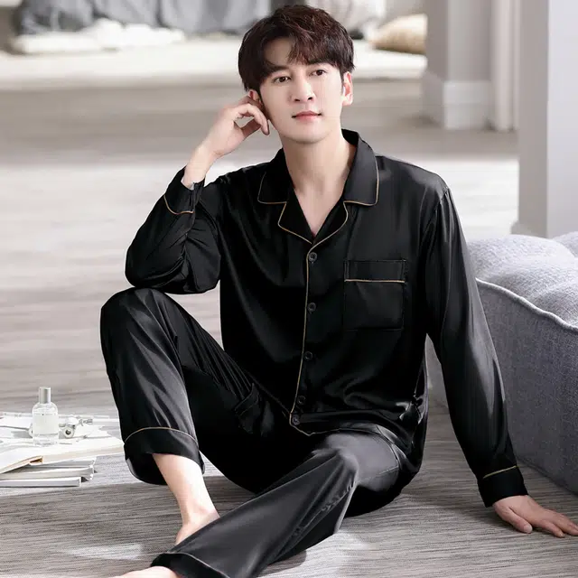 俏佳人 丝滑冰丝高级感翻领开衫纯色简约休闲家居服亲肤舒适透气长袖长裤睡衣套装 男款