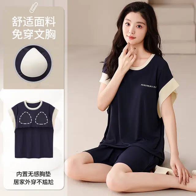俏佳人 带胸垫套头休闲舒适运动风可外穿短袖家居服透气垂感亲肤睡衣套装 女款