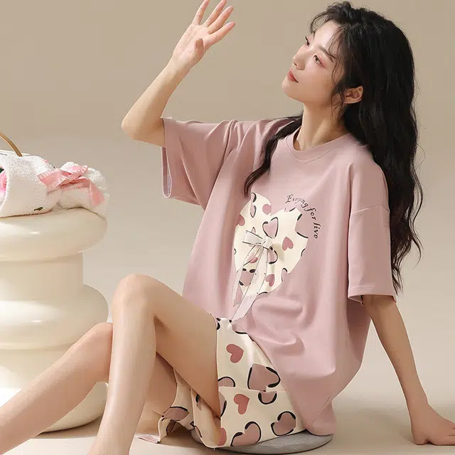 俏佳人 柔软亲肤休闲可外穿套头短袖短裤慵懒家居服睡衣套装 女款