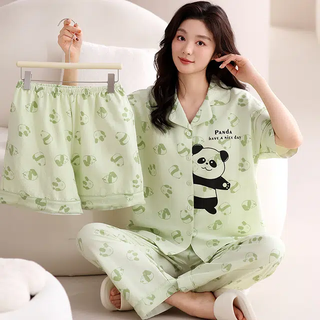 俏佳人 带胸垫植物印花三件套舒适开衫透气亲肤短袖家居服睡衣套装 女款