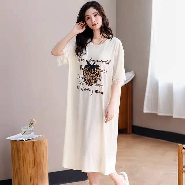 俏佳人 带胸垫套头休闲慵懒风可外穿透气短袖家居服垂感亲肤舒适睡裙 女款