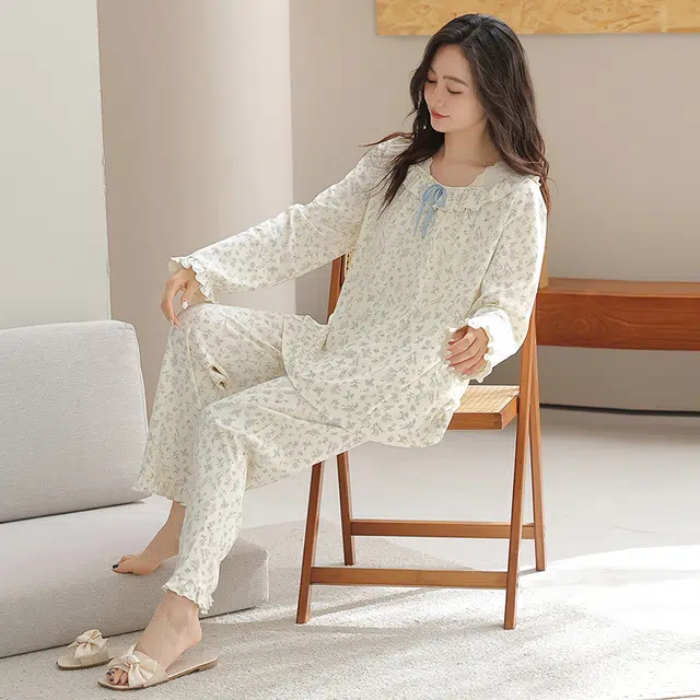 俏佳人 纯棉套头圆领公主风宽松休闲家居服碎花柔软亲肤舒适透气长袖长裤睡衣套装 女款