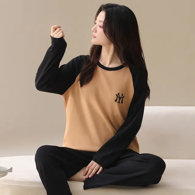 俏佳人 纯棉基础圆领套头拼色休闲宽松舒适亲肤透气长袖长裤可外穿家居服睡衣套装 女款