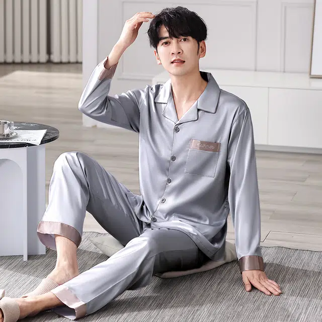 俏佳人 丝滑冰丝高级感翻领开衫纯色简约休闲亲肤舒适透气长袖长裤家居服睡衣套装 男款