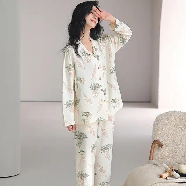 俏佳人 云朵棉系列 开衫翻领田园风亲肤舒适透气休闲宽松长袖长裤家居服睡衣套装 女款