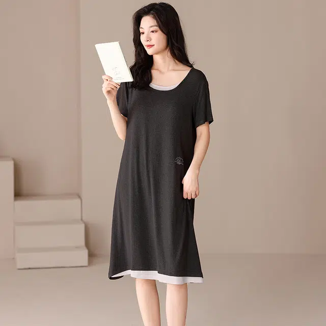 俏佳人 短袖带胸垫休闲慵懒风舒适可外穿透气垂感亲肤家居服睡裙 女款