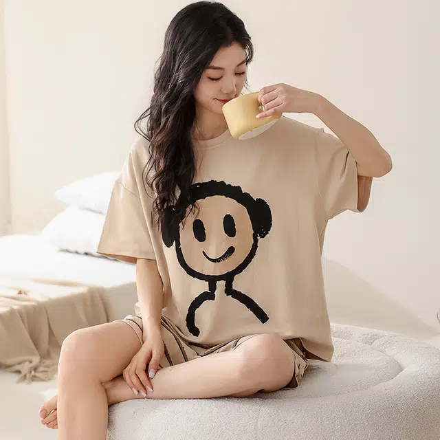 俏佳人 柔软亲肤休闲可外穿套头短袖短裤慵懒宽松家居服睡衣套装 女款