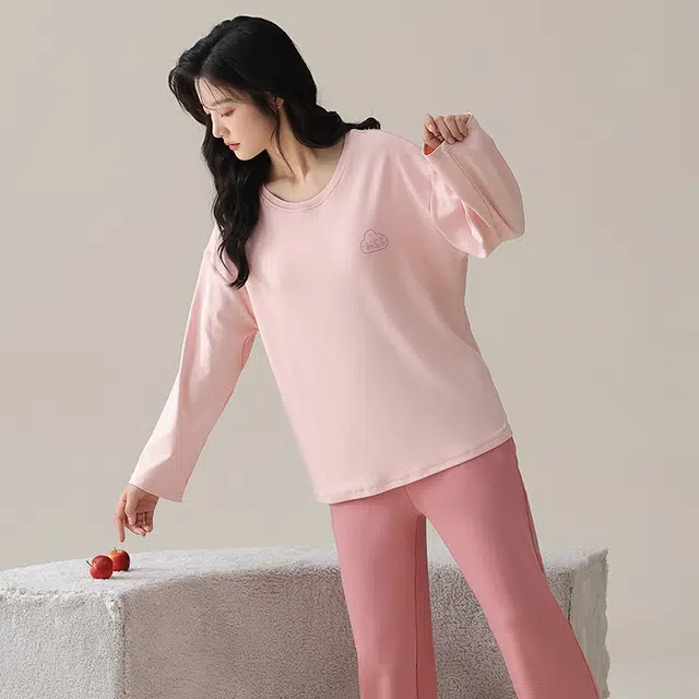 俏佳人 纯棉基础圆领套头纯色休闲宽松舒适亲肤透气长袖长裤可外穿家居服睡衣套装 女款