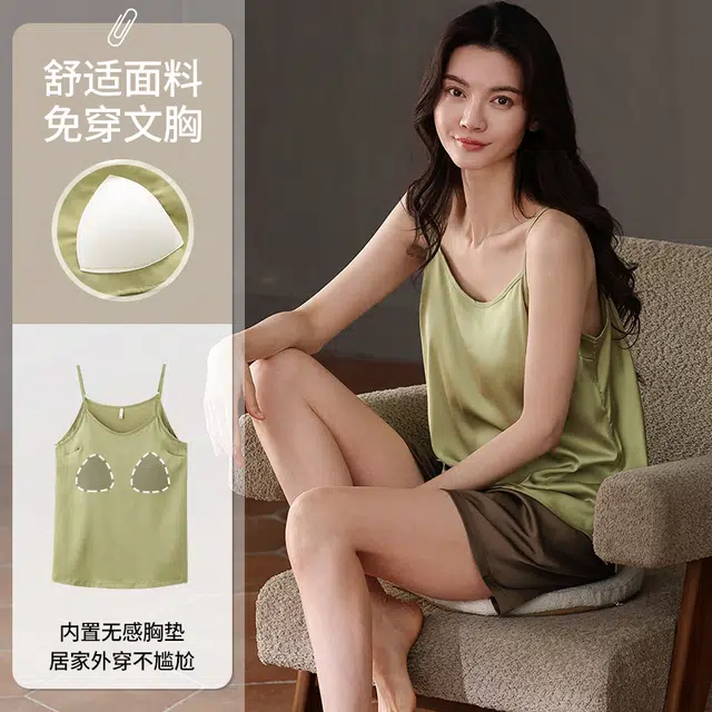 俏佳人 带胸垫高级感凉感休闲舒适透气吊带短裤家居服睡衣套装 女款